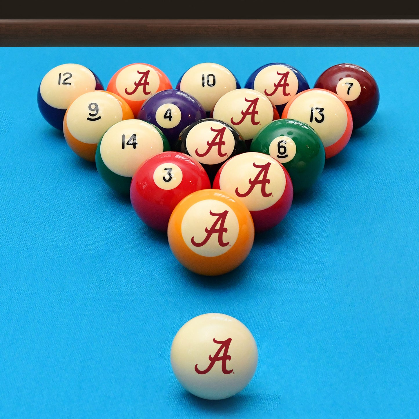 Official Alabama-Crimson-Tide Collegiate Billiard Balls Set Arranged on Pool Table Slate