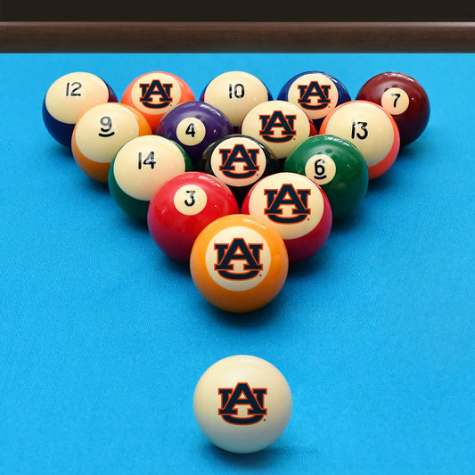 Official Auburn-Tigers Collegiate Billiard Balls Set Arranged on Pool Table Slate