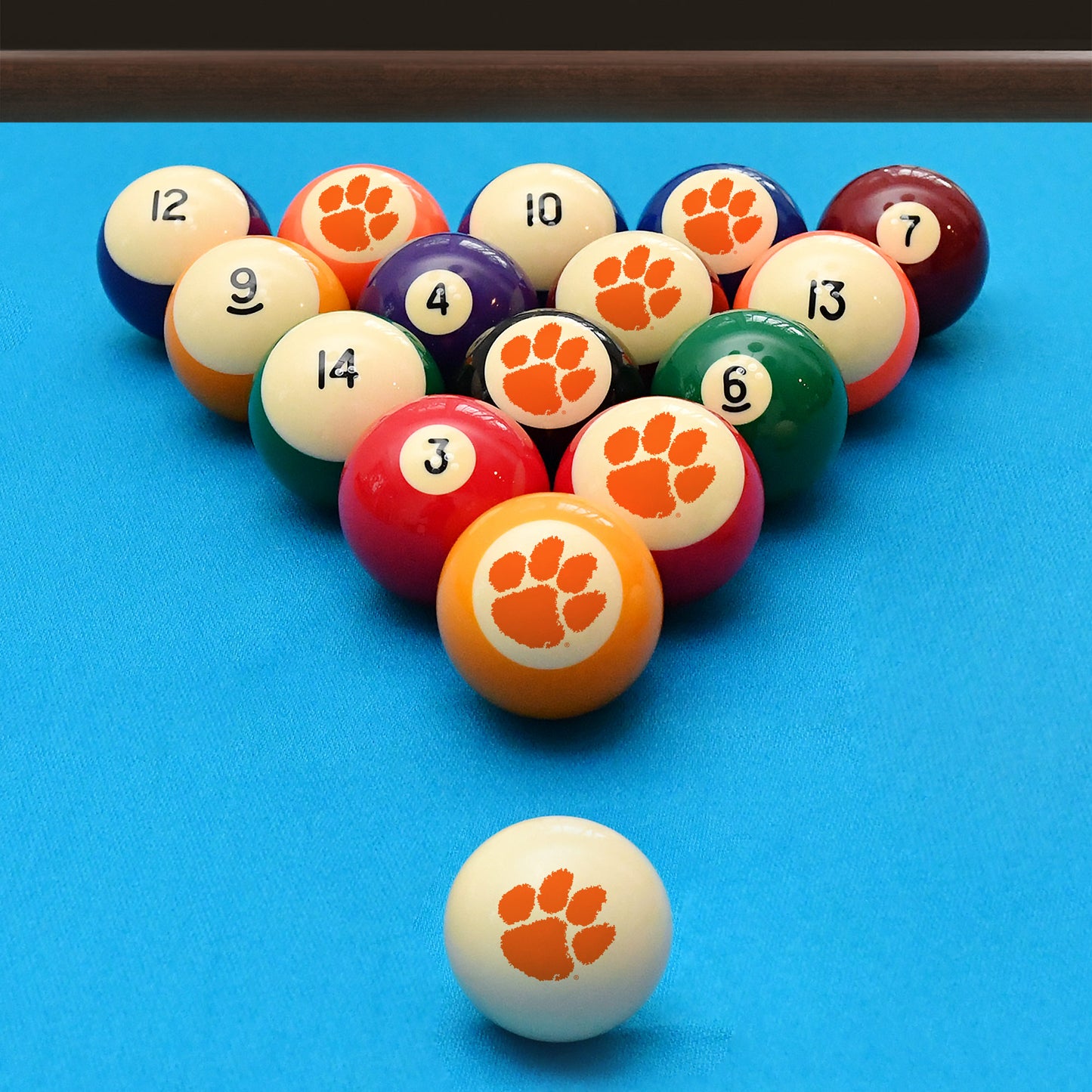 Official Clemson-Tigers Collegiate Billiard Balls Set Arranged on Pool Table Slate