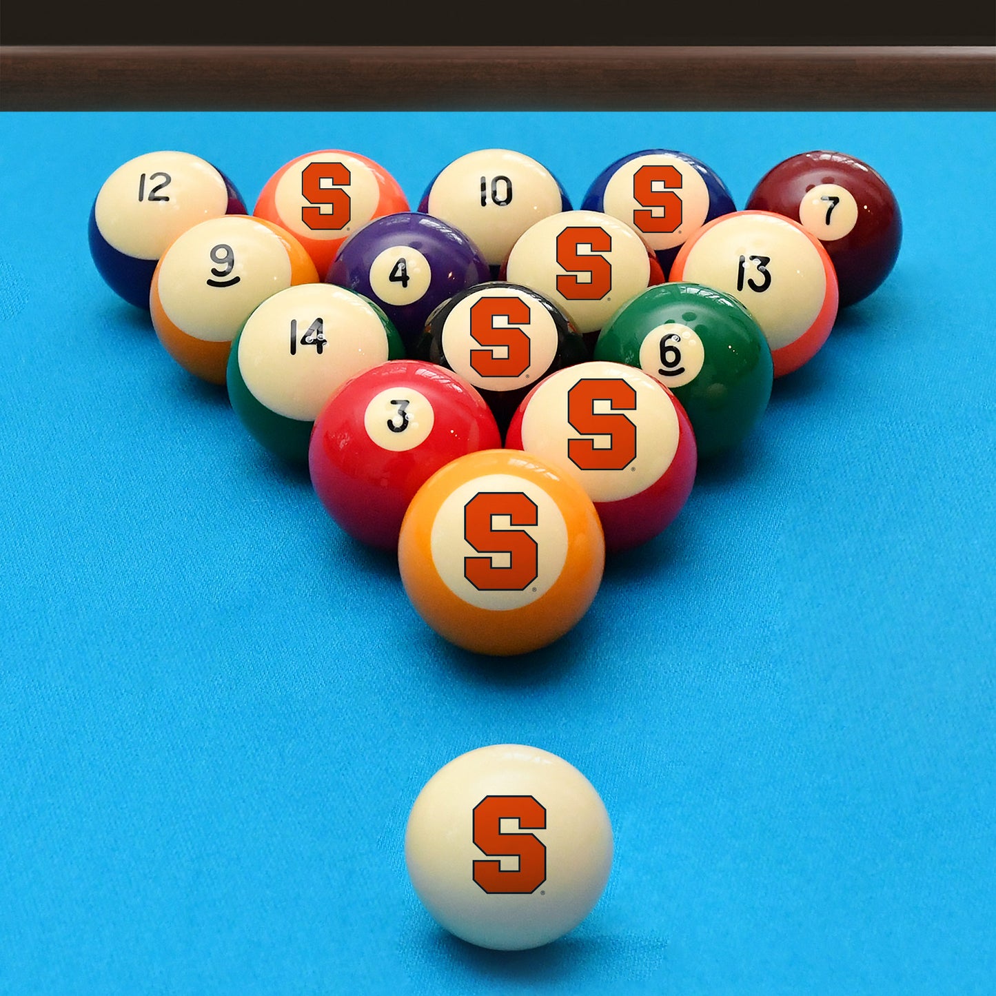 Official Syracuse-Orange Collegiate Billiard Balls Set Arranged on Pool Table Slate