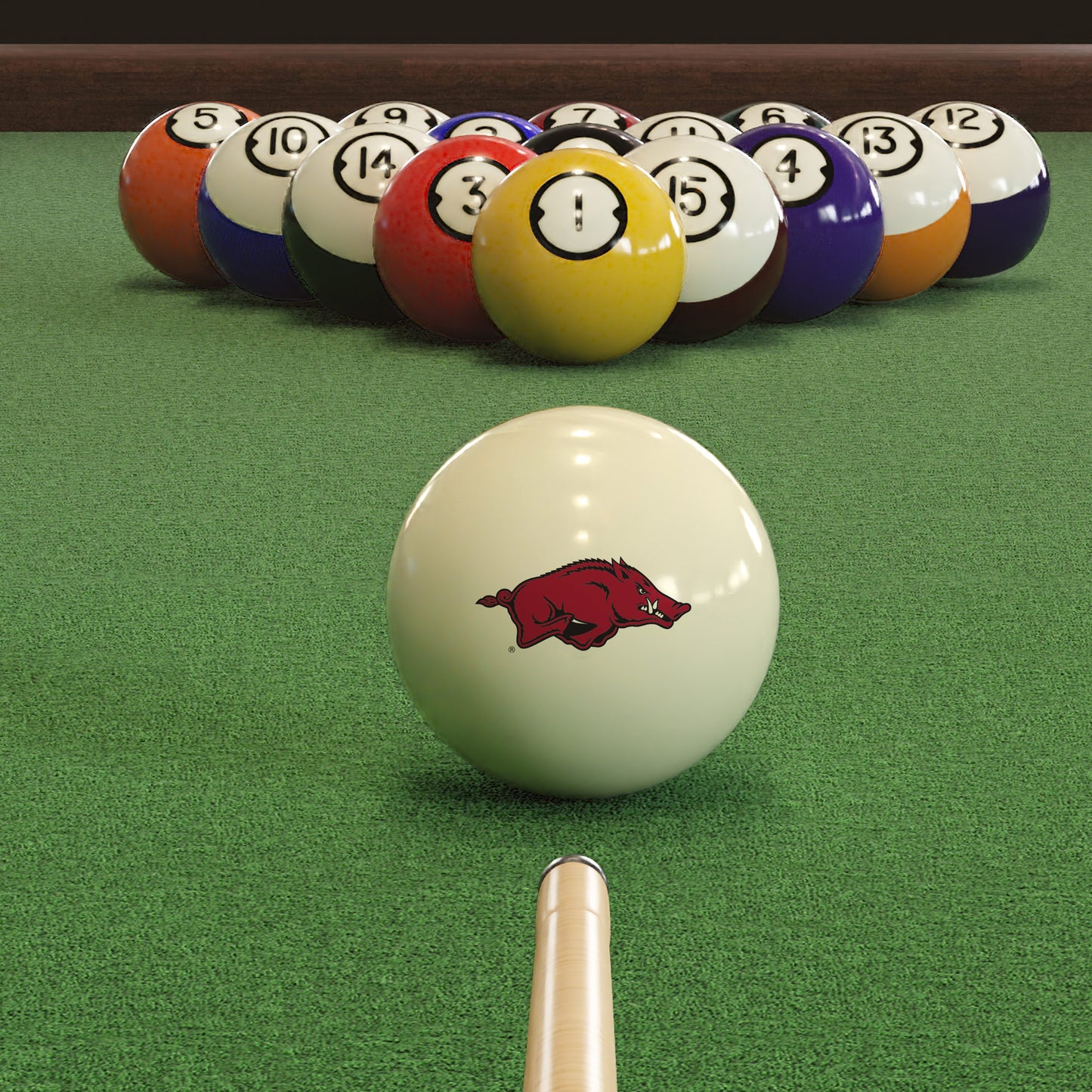 Official Arkansas-Razorbacks-Pool-Cue-Ball Collegiate Cue Ball Lined Up on Green Felt Pool Table Surface with Billiard Ball Rack