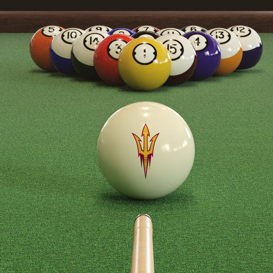 Official Arizona-State-Sun-Devils-Pool-Cue-Ball Collegiate Cue Ball Lined Up on Green Felt Pool Table Surface with Billiard Ball Rack