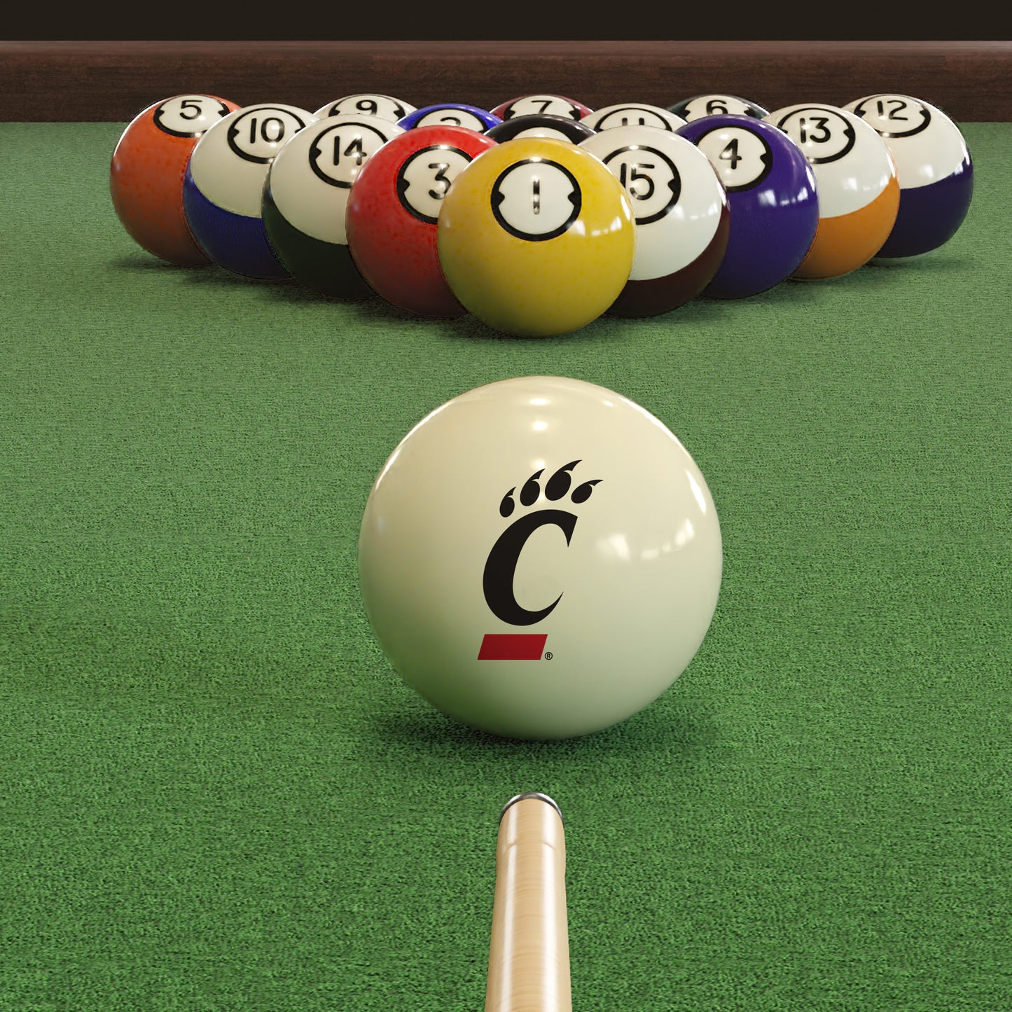 Official Cincinnati-Bearcats-Pool-Cue-Ball Collegiate Cue Ball Lined Up on Green Felt Pool Table Surface with Billiard Ball Rack