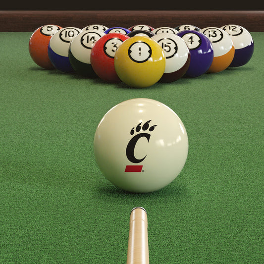 Official Cincinnati-Bearcats-Pool-Cue-Ball Collegiate Cue Ball Lined Up on Green Felt Pool Table Surface with Billiard Ball Rack