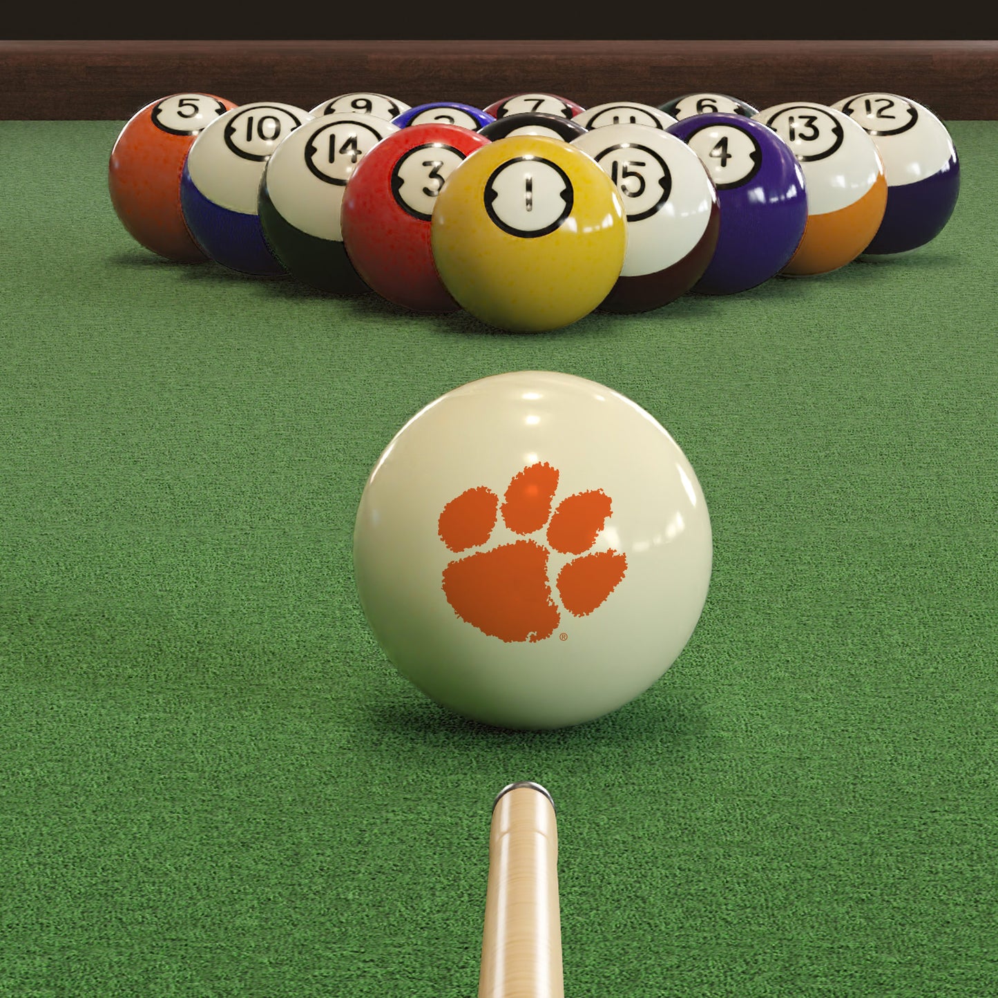 Official Clemson-Tigers-Pool-Cue-Ball Collegiate Cue Ball Lined Up on Green Felt Pool Table Surface with Billiard Ball Rack