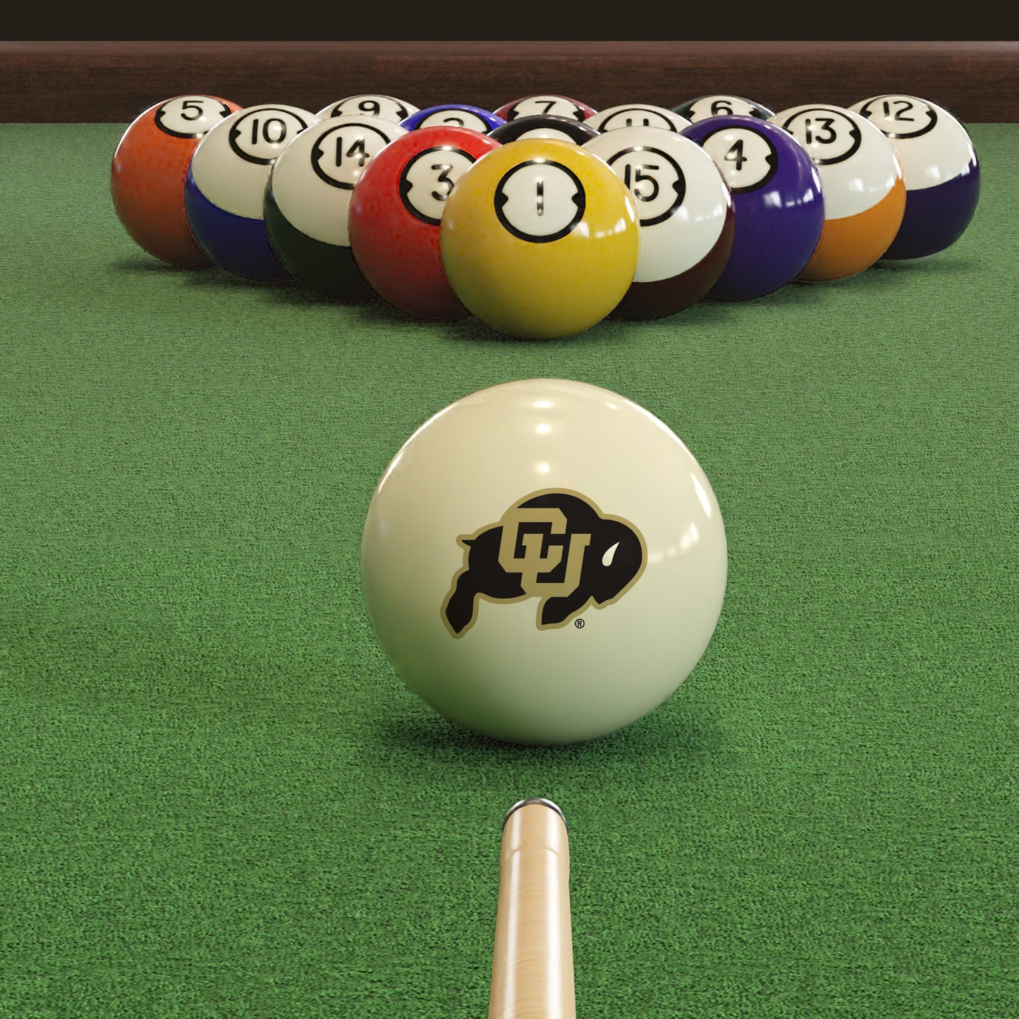 Official Colorado-Buffaloes-Pool-Cue-Ball Collegiate Cue Ball Lined Up on Green Felt Pool Table Surface with Billiard Ball Rack