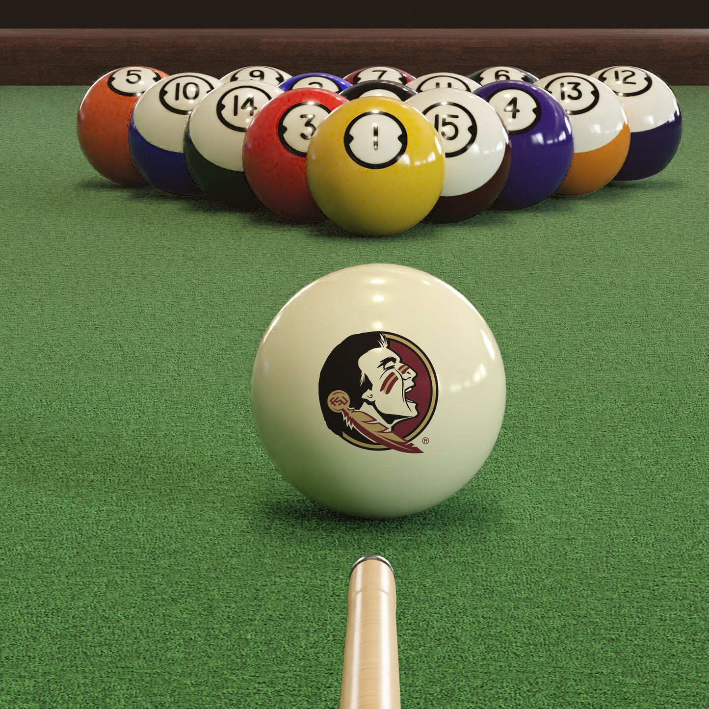 Official Florida-State-Seminoles-Pool-Cue-Ball Collegiate Cue Ball Lined Up on Green Felt Pool Table Surface with Billiard Ball Rack