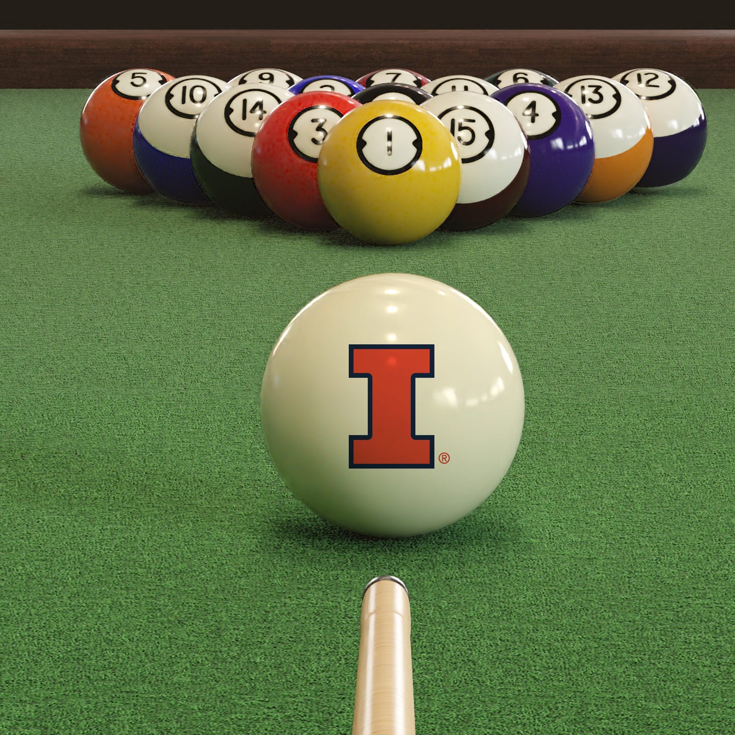 Official Illinois-Fighting-Illini-Pool-Cue-Ball Collegiate Cue Ball Lined Up on Green Felt Pool Table Surface with Billiard Ball Rack