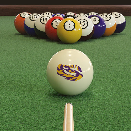 Official Lsu-Tigers-Pool-Cue-Ball Collegiate Cue Ball Lined Up on Green Felt Pool Table Surface with Billiard Ball Rack