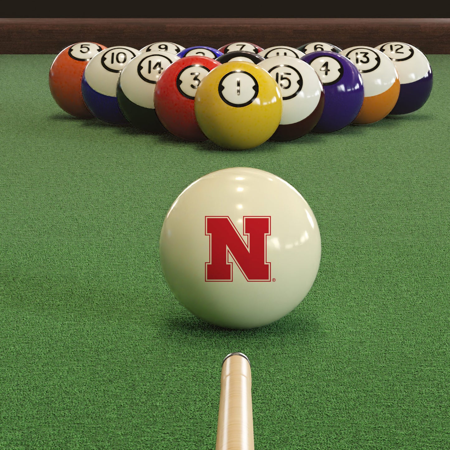 Official Nebraska-Cornhuskers-Pool-Cue-Ball Collegiate Cue Ball Lined Up on Green Felt Pool Table Surface with Billiard Ball Rack