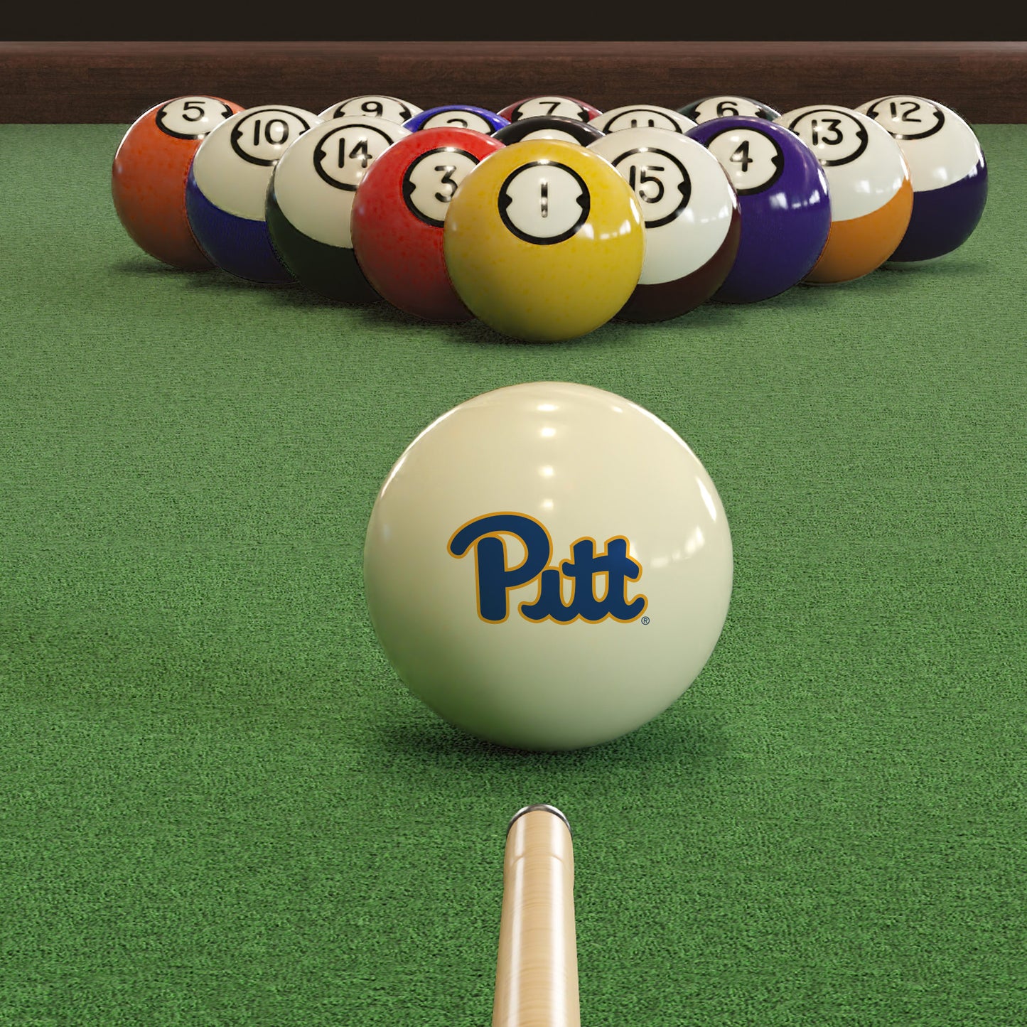 Official Pittsburgh-Panthers-Pool-Cue-Ball Collegiate Cue Ball Lined Up on Green Felt Pool Table Surface with Billiard Ball Rack