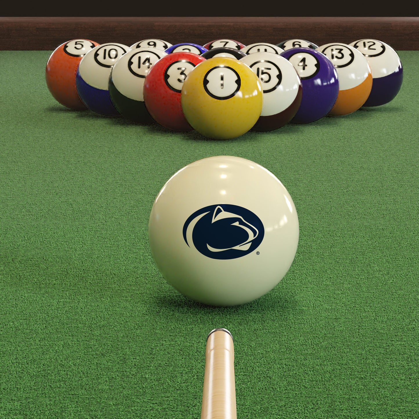 Official Penn-State-Nittany-Lions-Pool-Cue-Ball Collegiate Cue Ball Lined Up on Green Felt Pool Table Surface with Billiard Ball Rack