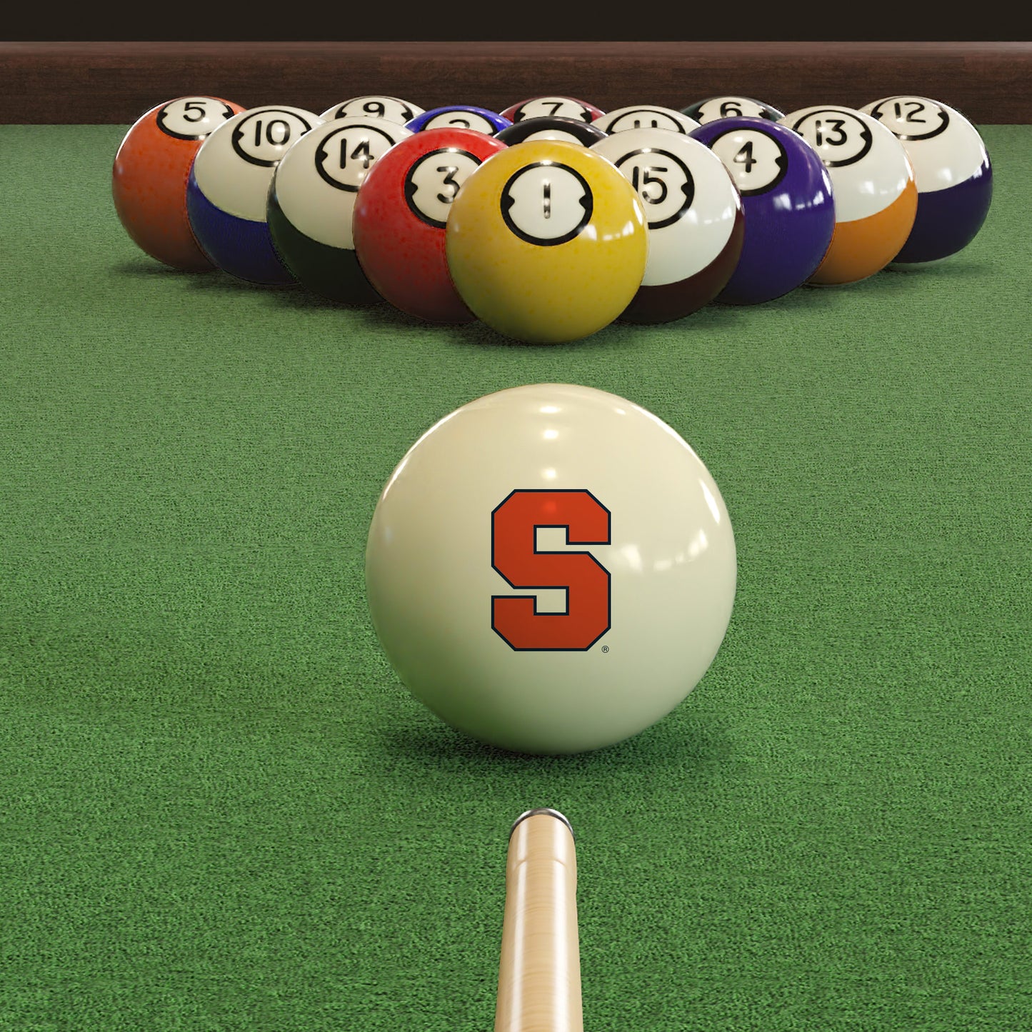 Official Syracuse-Orange-Pool-Cue-Ball Collegiate Cue Ball Lined Up on Green Felt Pool Table Surface with Billiard Ball Rack