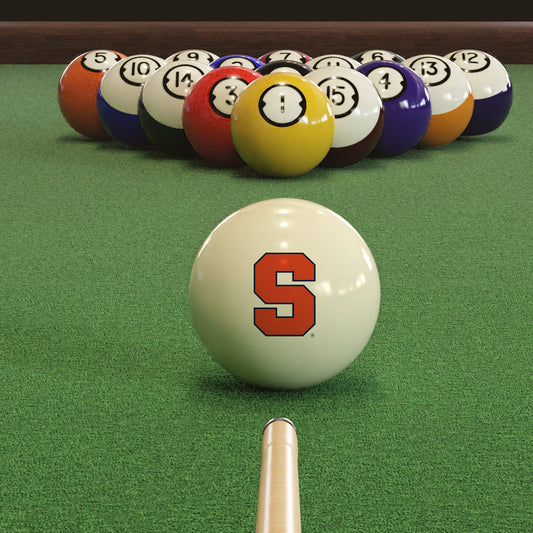 Official Syracuse-Orange-Pool-Cue-Ball Collegiate Cue Ball Lined Up on Green Felt Pool Table Surface with Billiard Ball Rack