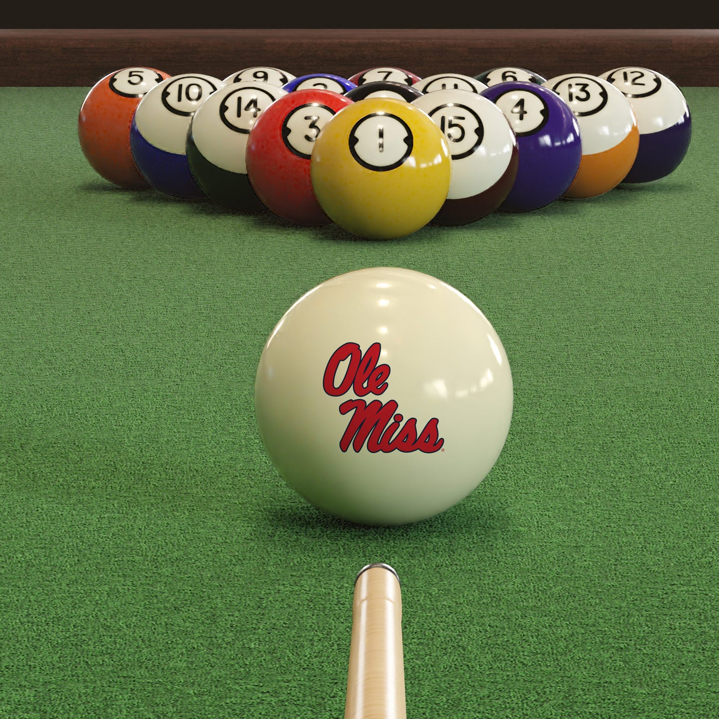 Official Mississippi-Rebels-Pool-Cue-Ball Collegiate Cue Ball Lined Up on Green Felt Pool Table Surface with Billiard Ball Rack