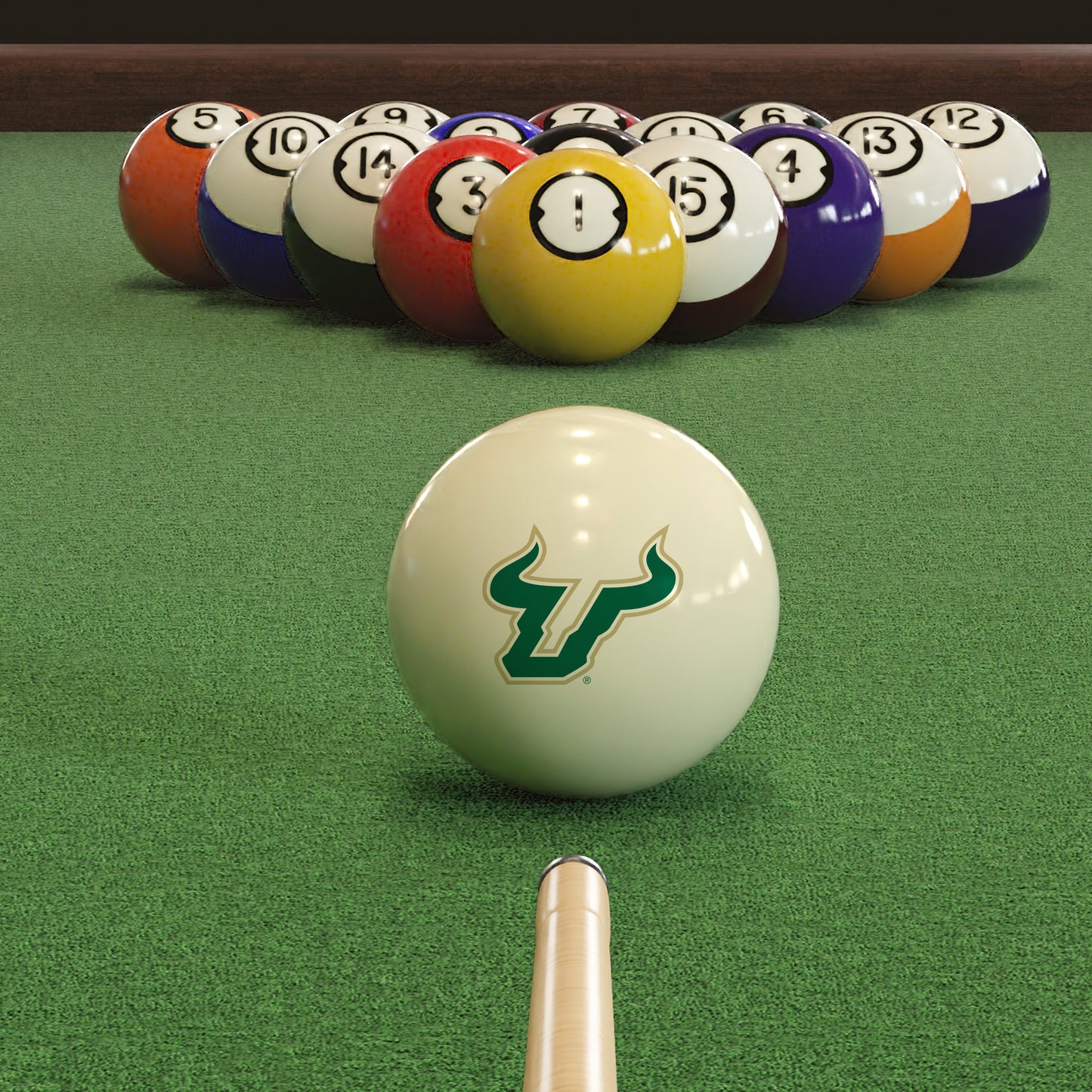 Official South-Florida-Bulls-Pool-Cue-Ball Collegiate Cue Ball Lined Up on Green Felt Pool Table Surface with Billiard Ball Rack