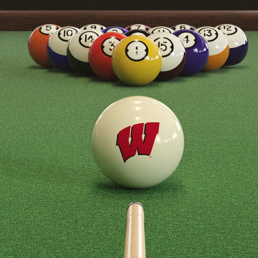 Official Wisconsin-Badgers-Pool-Cue-Ball Collegiate Cue Ball Lined Up on Green Felt Pool Table Surface with Billiard Ball Rack