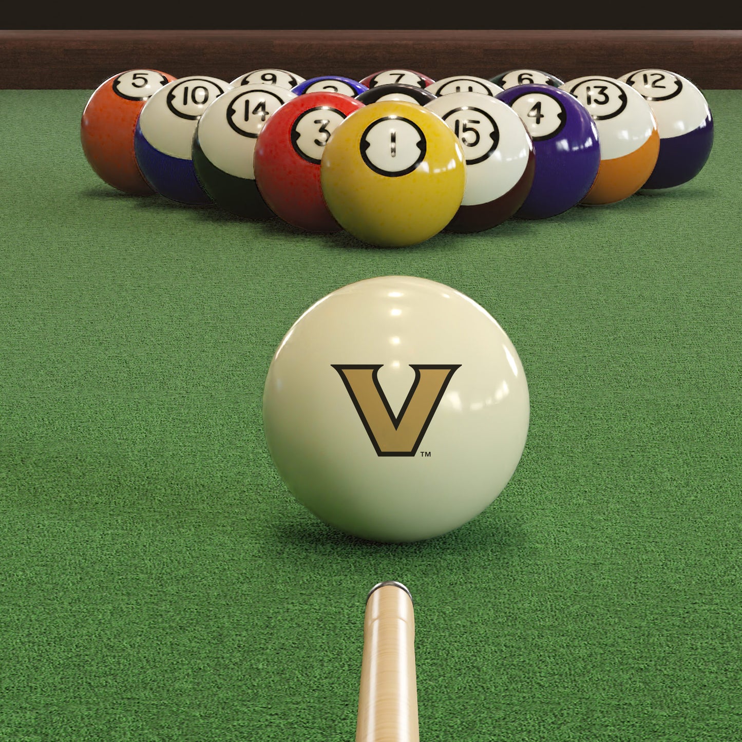 Official Vanderbilt-Commodores-Pool-Cue-Ball Collegiate Cue Ball Lined Up on Green Felt Pool Table Surface with Billiard Ball Rack