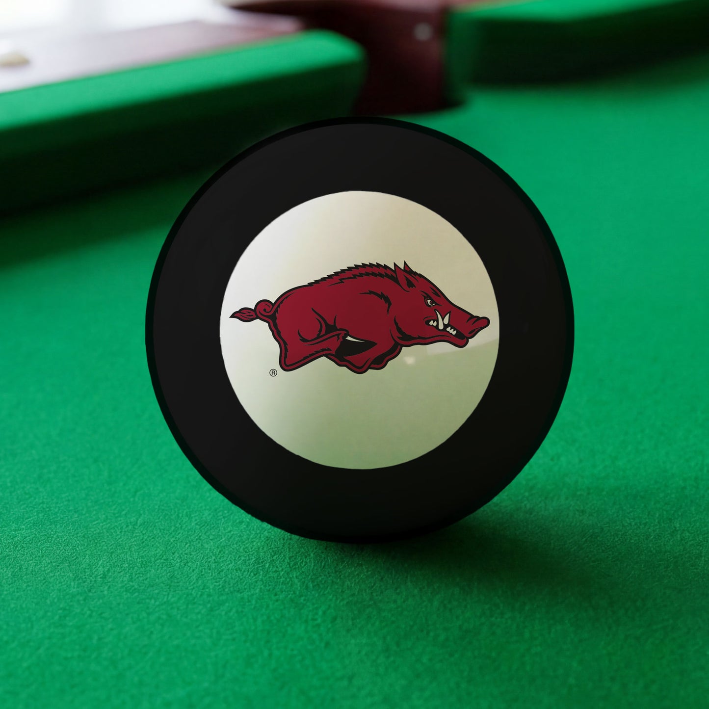 Official Arkansas-Razorbacks-Pool-8-Ball Collegiate 8-Ball Lined Up on Green Felt Pool Table Surface with Billiard Ball Rack
