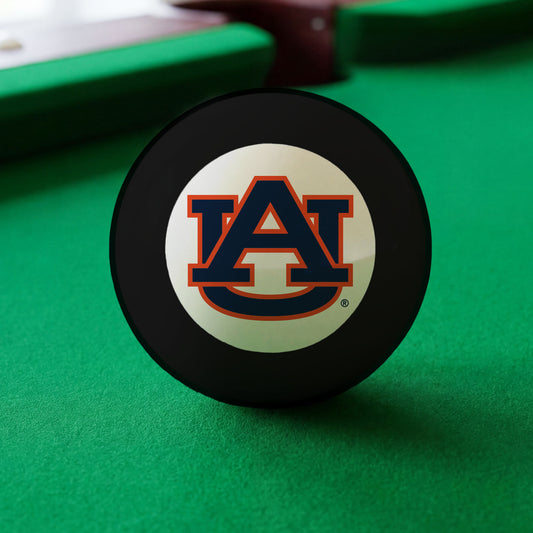 Official Auburn-Tigers-Pool-8-Ball Collegiate 8-Ball Lined Up on Green Felt Pool Table Surface with Billiard Ball Rack