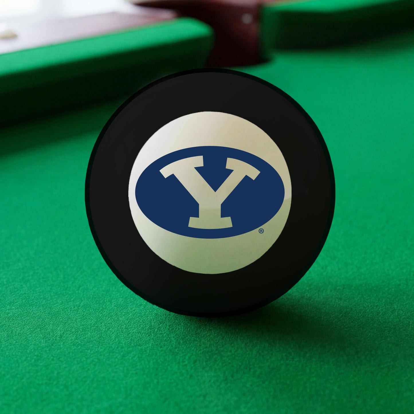 Official Byu-Cougars-Pool-8-Ball Collegiate 8-Ball Lined Up on Green Felt Pool Table Surface with Billiard Ball Rack
