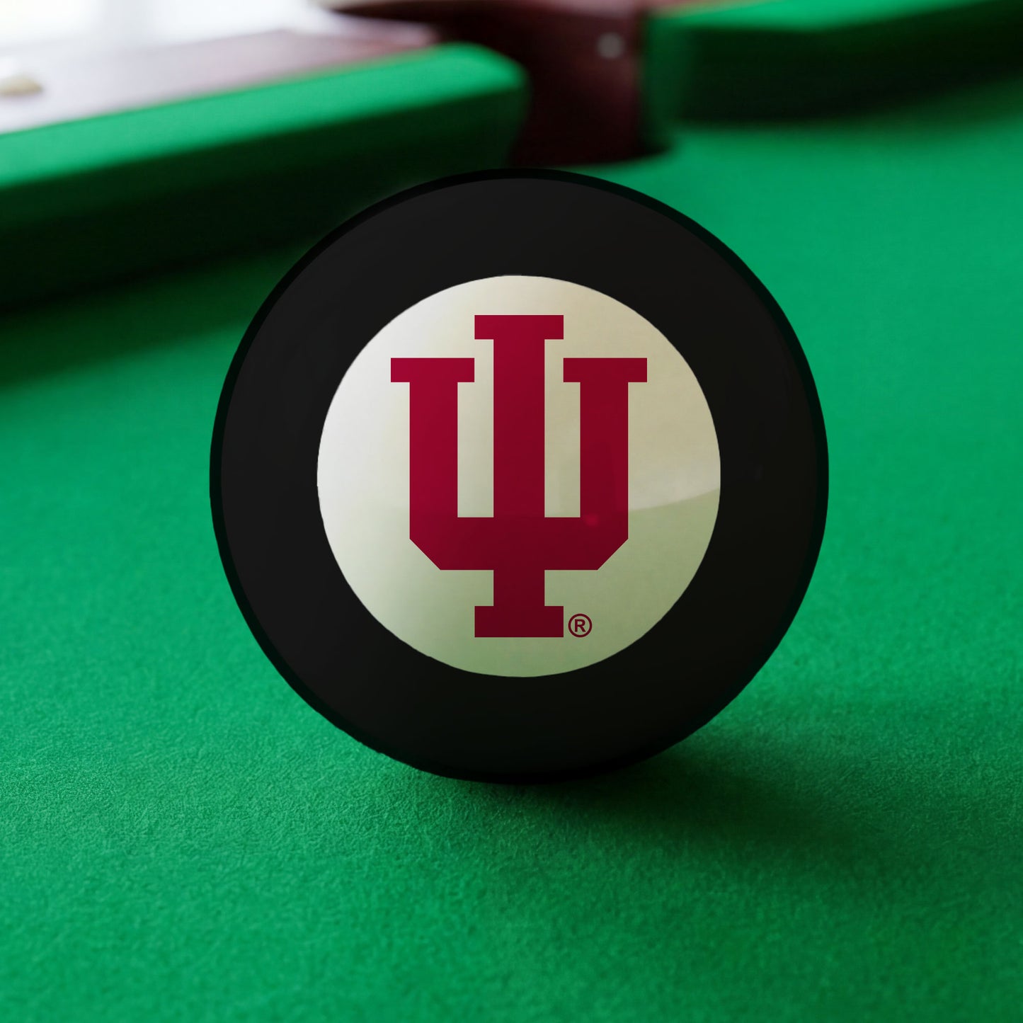 Official Indiana-Hoosiers-Pool-8-Ball Collegiate 8-Ball Lined Up on Green Felt Pool Table Surface with Billiard Ball Rack