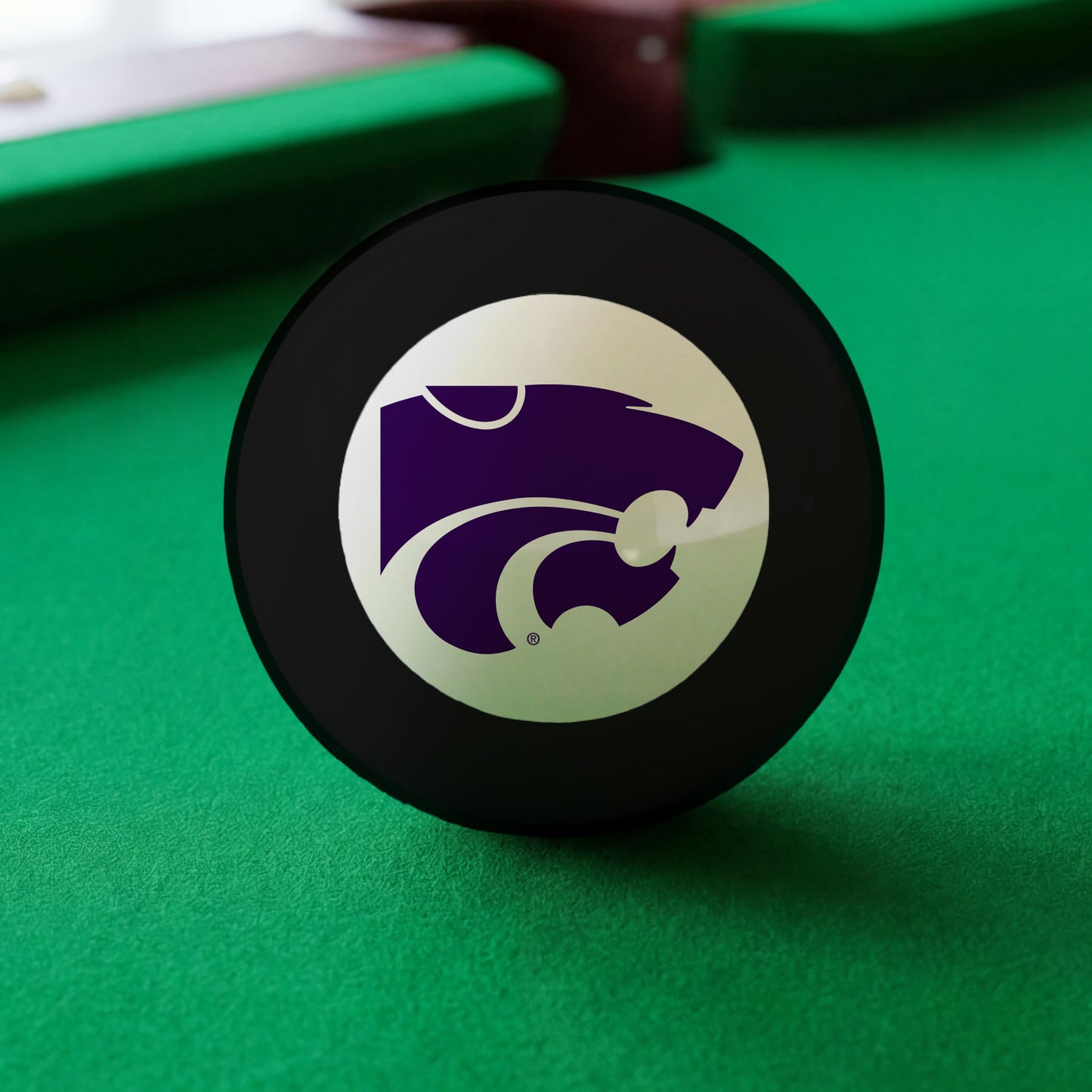 Official Kansas-State-Wildcats-Pool-8-Ball Collegiate 8-Ball Lined Up on Green Felt Pool Table Surface with Billiard Ball Rack