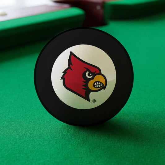 Official Louisville-Cardinals-Pool-8-Ball Collegiate 8-Ball Lined Up on Green Felt Pool Table Surface with Billiard Ball Rack