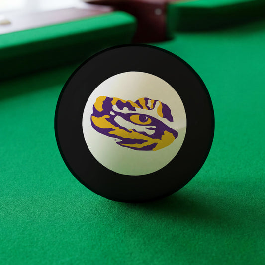 Official Lsu-Tigers-Pool-8-Ball Collegiate 8-Ball Lined Up on Green Felt Pool Table Surface with Billiard Ball Rack