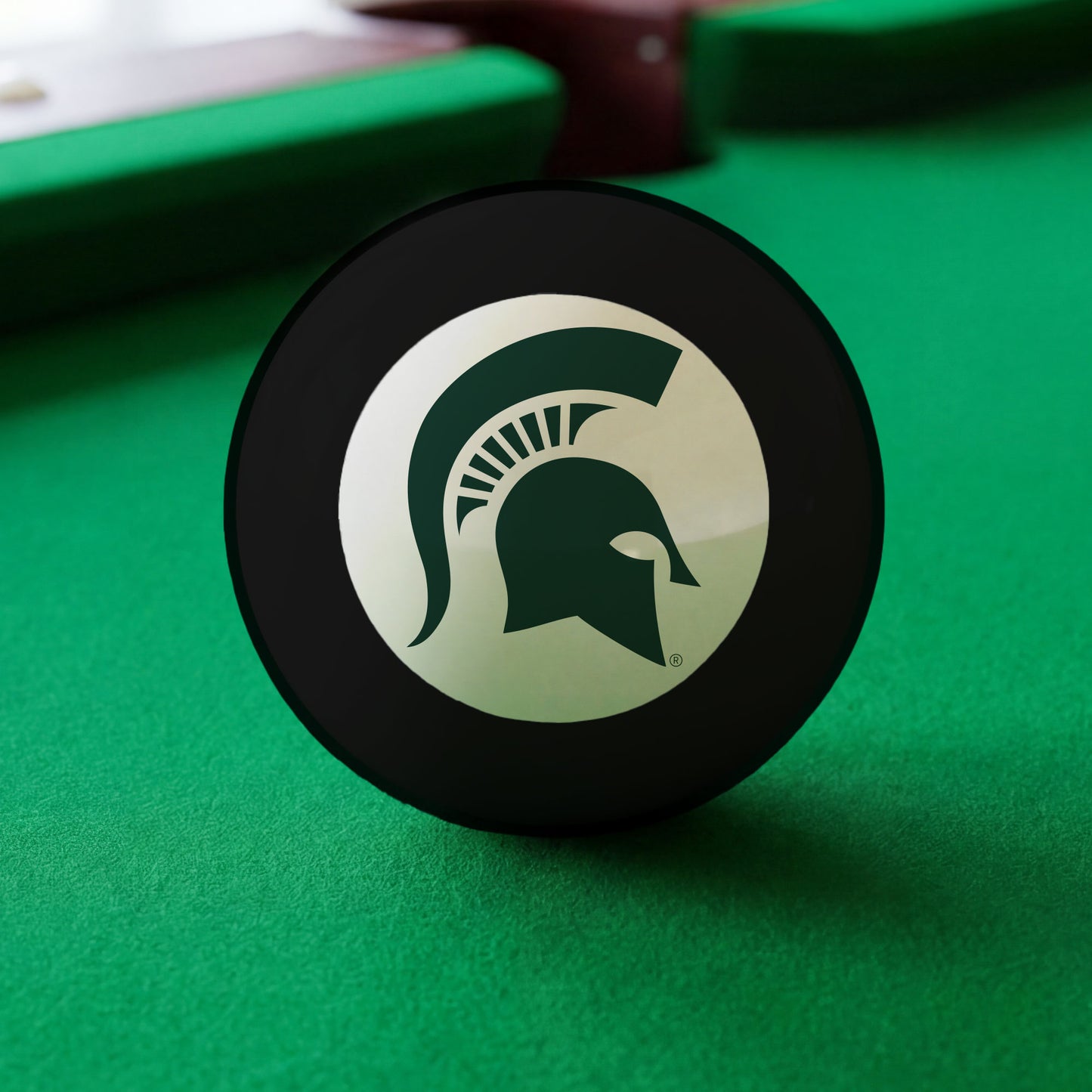 Official Michigan-State-Spartans-Pool-8-Ball Collegiate 8-Ball Lined Up on Green Felt Pool Table Surface with Billiard Ball Rack