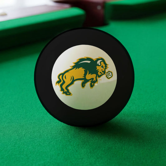 Official North-Dakota-State-Bison-Pool-8-Ball Collegiate 8-Ball Lined Up on Green Felt Pool Table Surface with Billiard Ball Rack