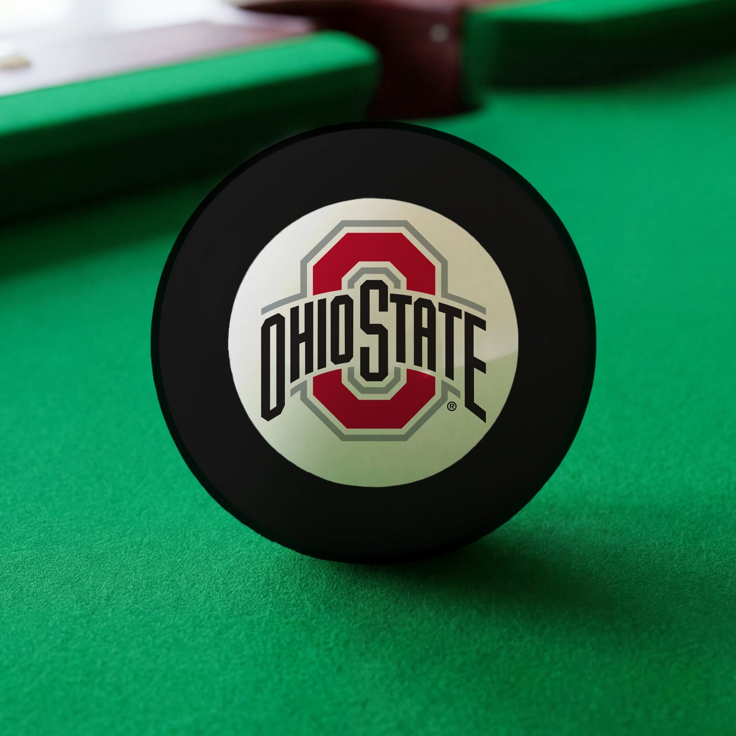 Official Ohio-State-Buckeyes-Pool-8-Ball Collegiate 8-Ball Lined Up on Green Felt Pool Table Surface with Billiard Ball Rack