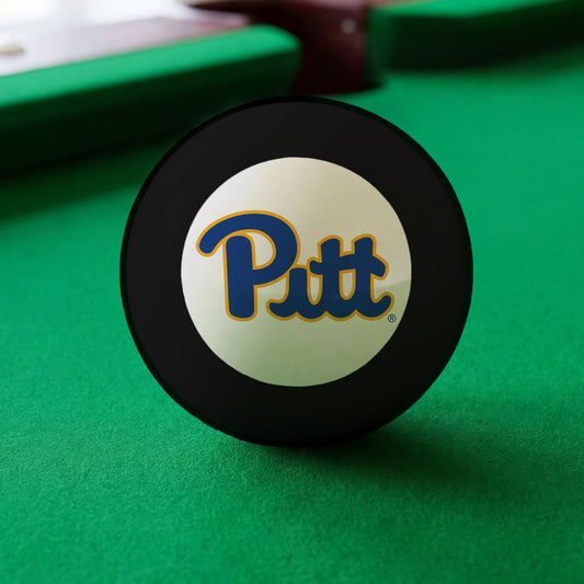 Official Pittsburgh-Panthers-Pool-8-Ball Collegiate 8-Ball Lined Up on Green Felt Pool Table Surface with Billiard Ball Rack