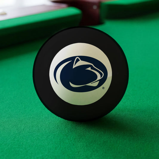 Official Penn-State-Nittany-Lions-Pool-8-Ball Collegiate 8-Ball Lined Up on Green Felt Pool Table Surface with Billiard Ball Rack