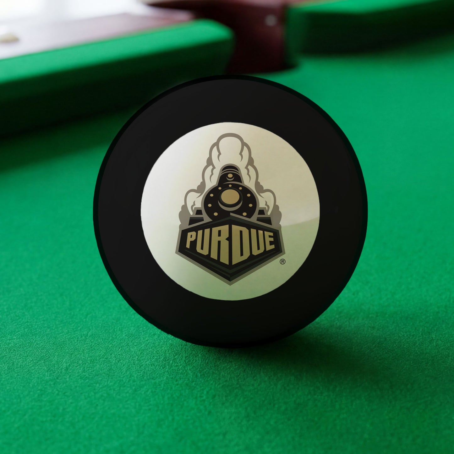 Official Purdue-Boilermakers-Pool-8-Ball Collegiate 8-Ball Lined Up on Green Felt Pool Table Surface with Billiard Ball Rack