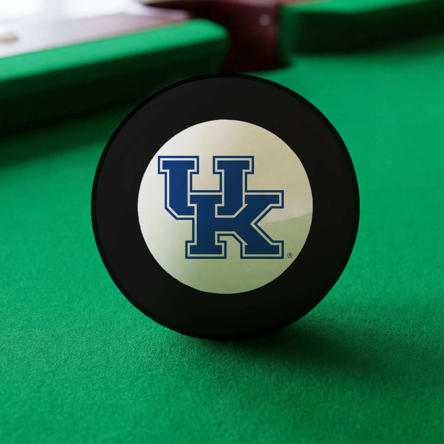 Official Kentucky-Wildcats-Pool-8-Ball Collegiate 8-Ball Lined Up on Green Felt Pool Table Surface with Billiard Ball Rack
