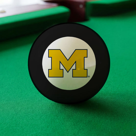 Official Michigan-Wolverines-Pool-8-Ball Collegiate 8-Ball Lined Up on Green Felt Pool Table Surface with Billiard Ball Rack