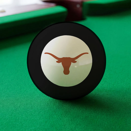 Official Texas-Longhorns-Pool-8-Ball Collegiate 8-Ball Lined Up on Green Felt Pool Table Surface with Billiard Ball Rack