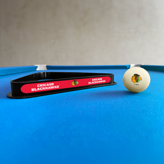 Chicago Blackhawks NHL cue ball and triangle rack set - lifestyle photo