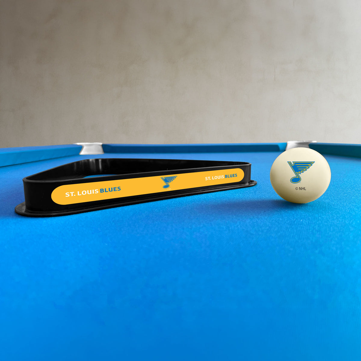 St. Louis Blues NHL cue ball and triangle rack set - lifestyle photo