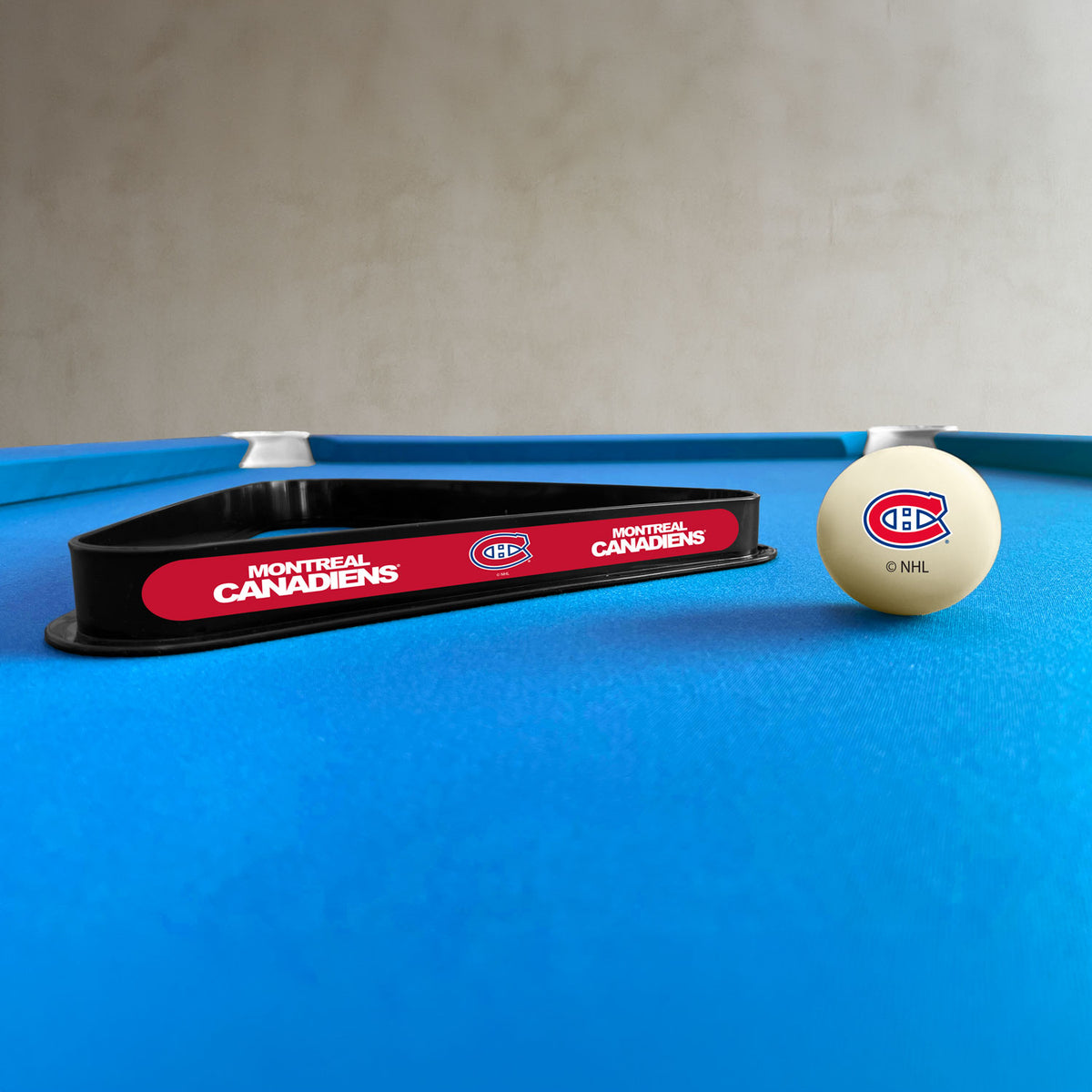 Montreal Canadiens NHL cue ball and triangle rack set - lifestyle photo