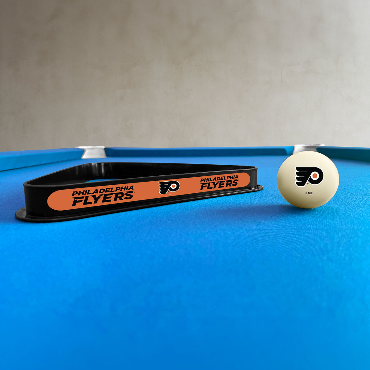 Philadelphia Flyers NHL cue ball and triangle rack set - lifestyle photo