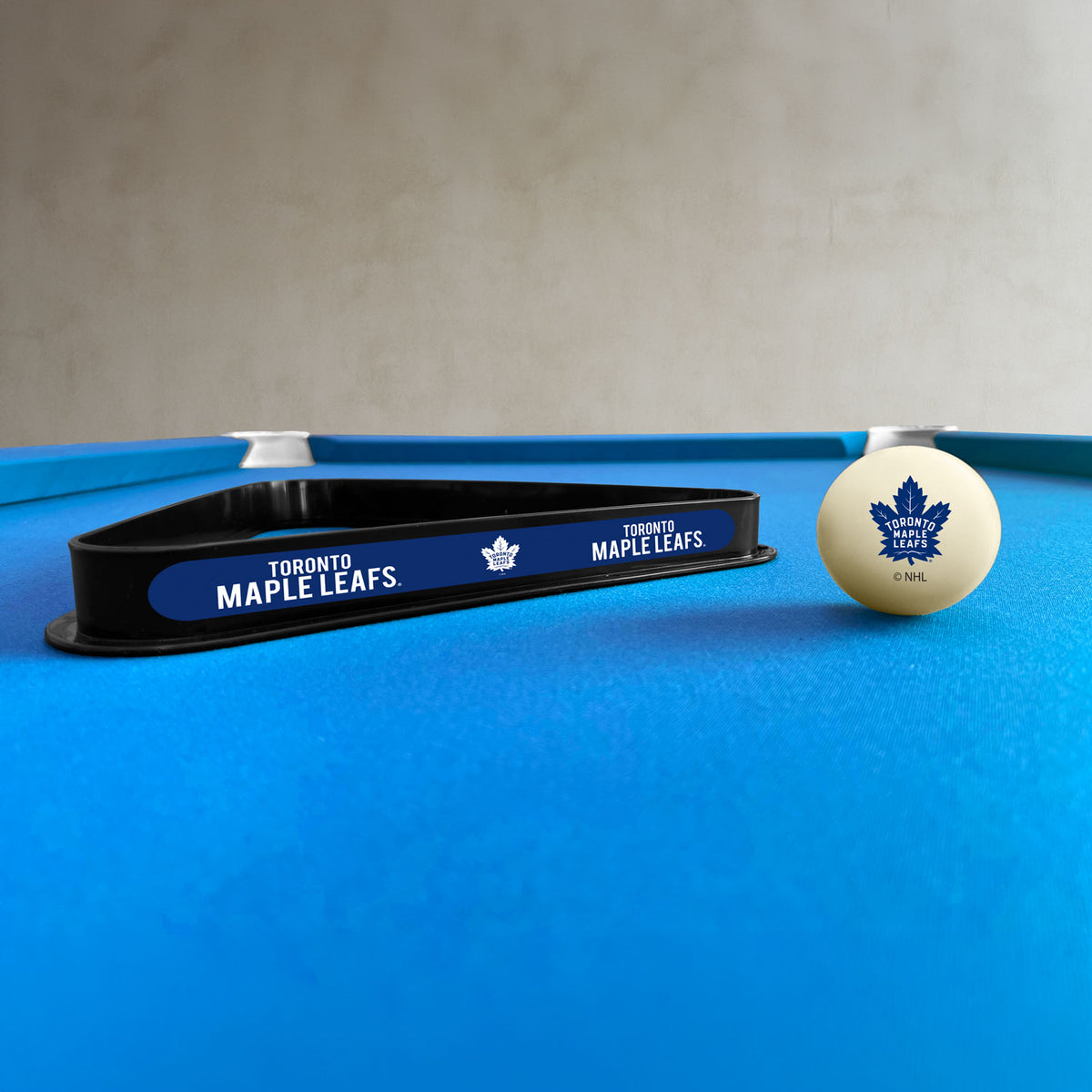Toronto Maple Leafs NHL cue ball and triangle rack set - lifestyle photo