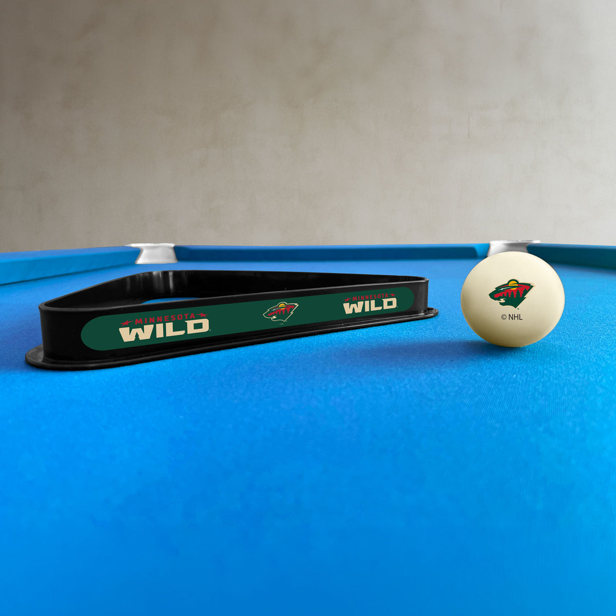 Minnesota Wild NHL cue ball and triangle rack set - lifestyle photo
