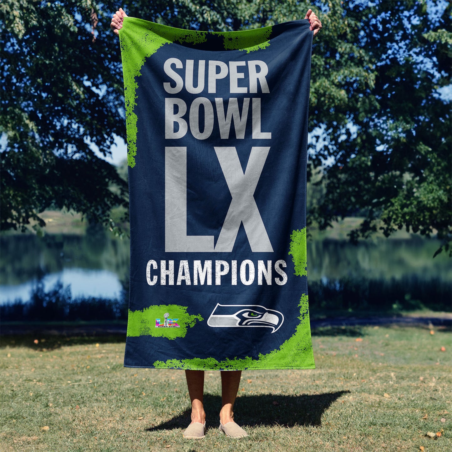 Seattle Seahawks Super Bowl 60 Champs Beach Towel Lifestyle 2