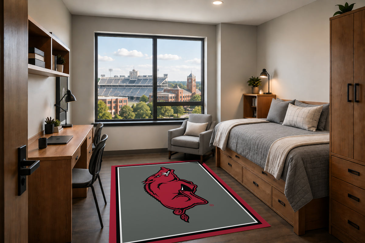 Arkansas Razorbacks Entry Rug in Room Setting - Officially Licensed NCAA Area Rug