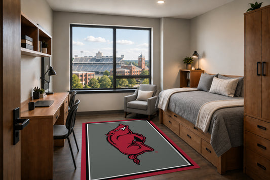 Arkansas Razorbacks Entry Rug in Room Setting - Officially Licensed NCAA Area Rug