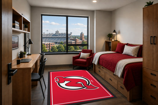 New Jersey Devils Entry Rug in Room Setting - Officially Licensed NHL Area Rug