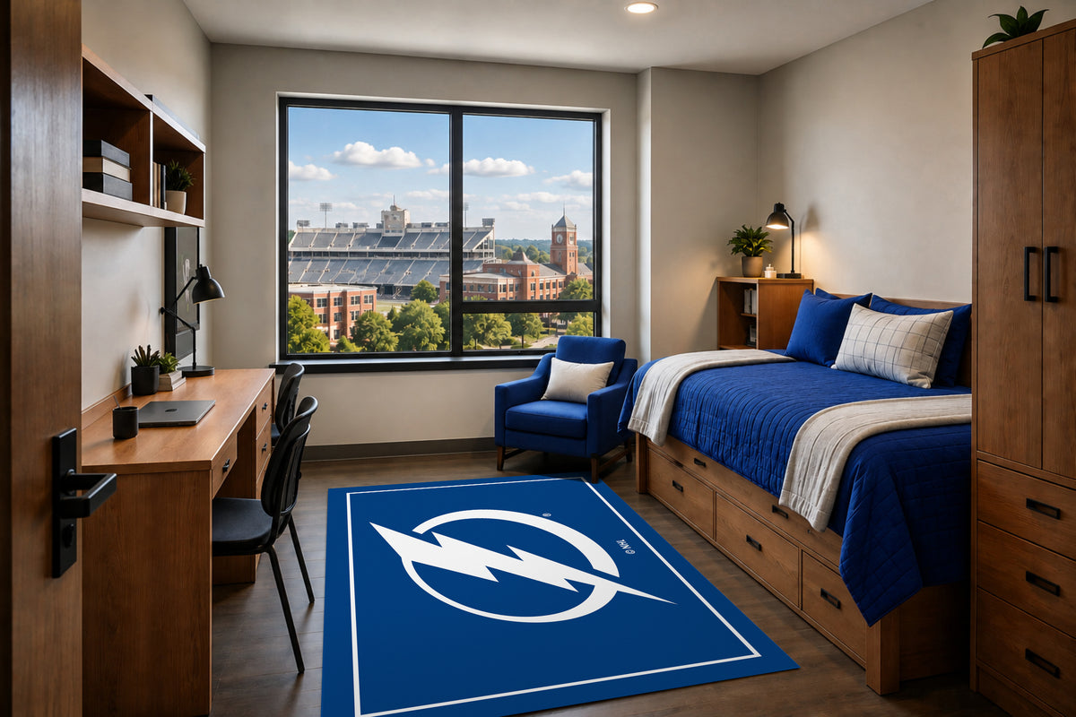Tampa Bay Lightning Entry Rug in Room Setting - Officially Licensed NHL Area Rug