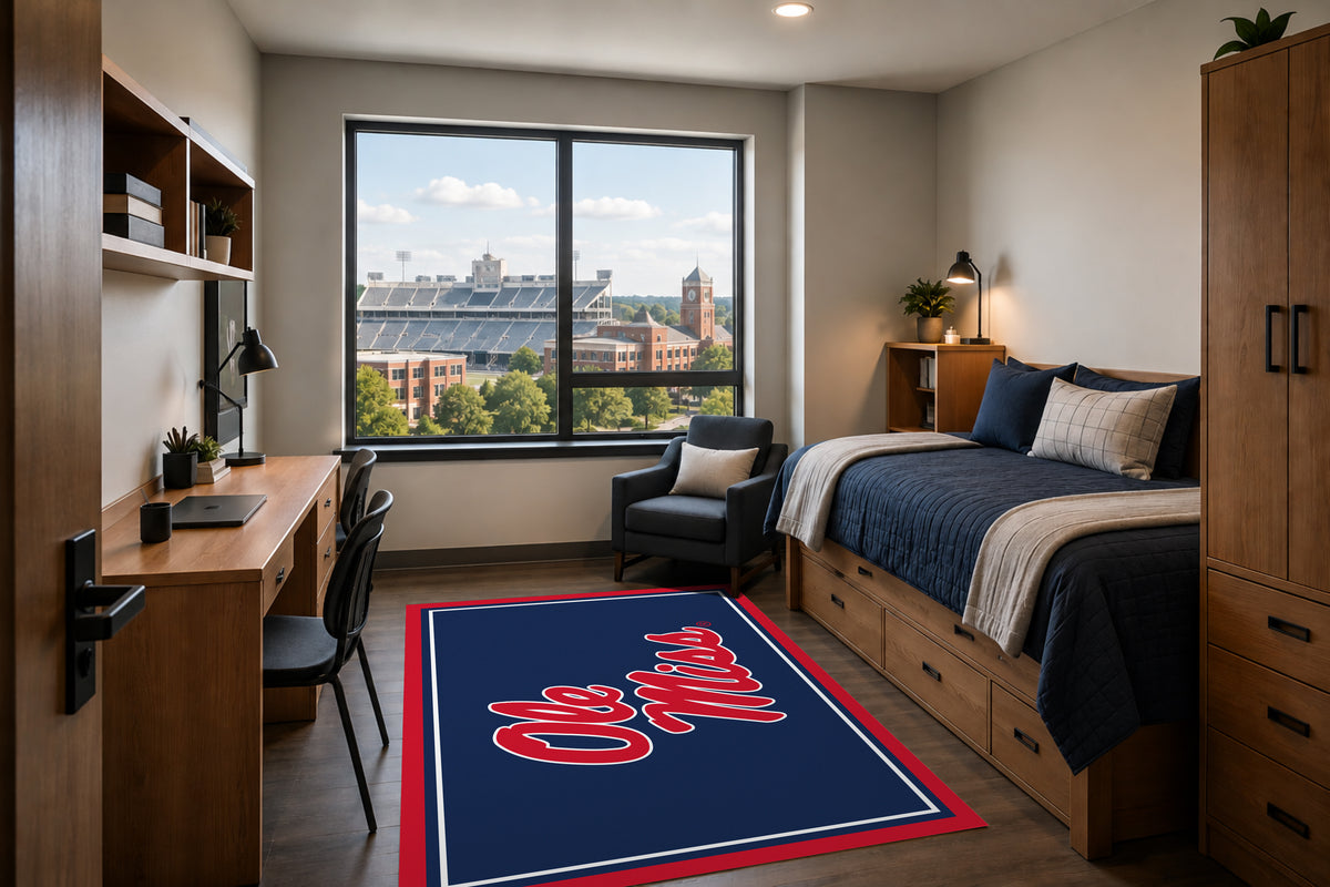 Mississippi Rebels Entry Rug in Room Setting - Officially Licensed NCAA Area Rug